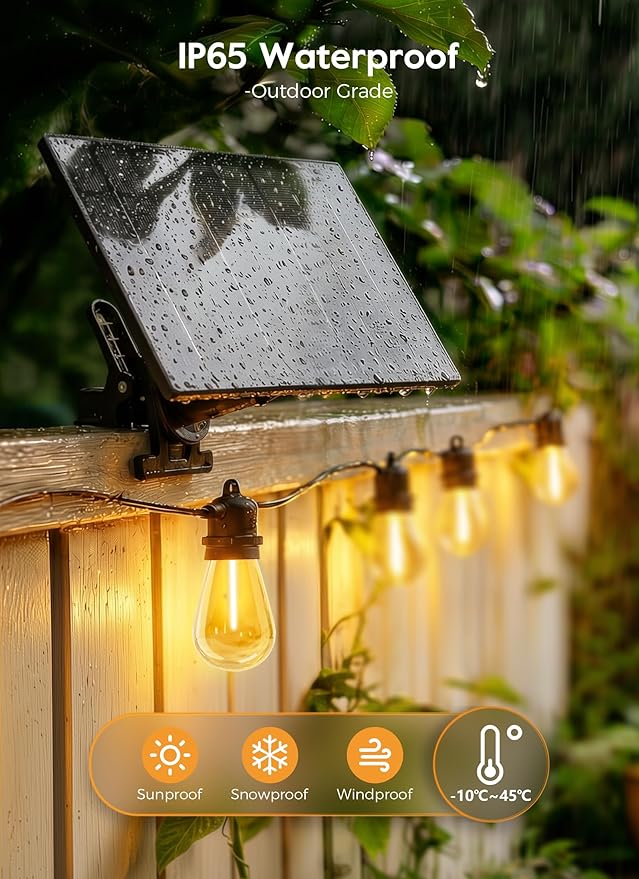 Minetom 163FT Solar String Lights Outdoor Waterproof 52 LED S14 Shatterproof Bulb Patio Lights with Remote Type-C Port Timable 3 Light Modes Dimmable Solar String Lights for Outside Yard Camping