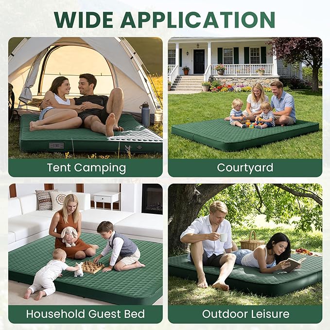 Self Inflating Double Sleeping Pad for Camping with Electric Pump 4 Inch Ultra Thick Memory Foam 2 Person Inflatable Sleeping Pad All Season Full Size Portable Camping Mattress for TravelTent (Green)