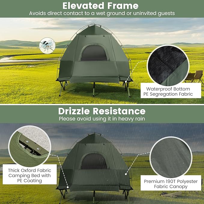 Goplus Camping Tent Cot 5-in-1 Folding Camping Bed with Air Mattress Pillow Sleeping Bag Waterproof Elevated Tent Shelter Portable Outdoor Sleeping Cot with Carry Bag for Picnic Trip