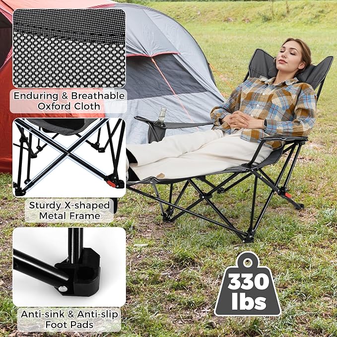 Goplus Camping Lounge Chair w/Detachable Footrest Folding Beach Chair w/4-position Backrest Carrying Bag Removable Pillow Cup Holder Storage Pouch Reclining Chair 330LBS Capacity (Grey1)