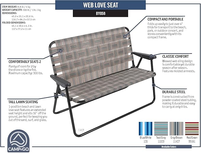 Camp &amp GO 16.5 High Seat Outdoor Double Wide Loveseat Web Folding Chair Blue/Red