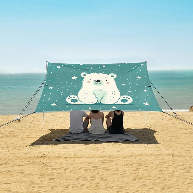Cute White Bear Beach Tent Sun Shelter 9.2' x 10.5' Beach Canopy with 4 Sandbags 4 Stability Poles Sand Shovels - Tent Canopy for Beach Camping Fishing Picnics