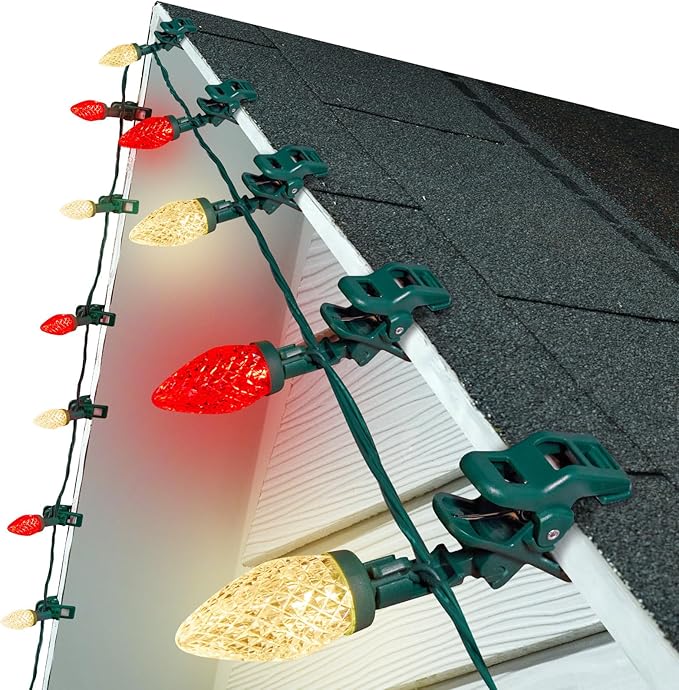 C9 LED Christmas Lights Outdoor 66 Feet 100 LED C9 String Light with 100 Spring Clips Waterproof Connectable Christmas Tree Lights for Outside Roofline Patio Home Xmas Decor Red &amp Warm White
