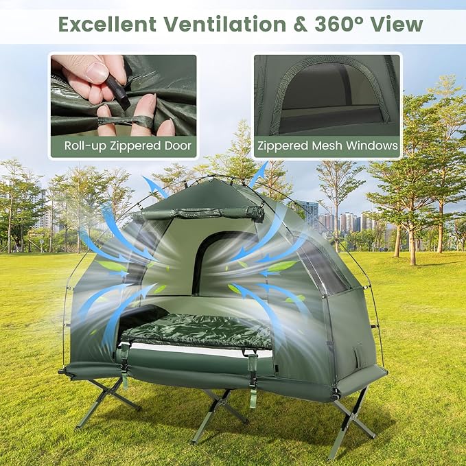 Goplus Camping Tent Cot 5-in-1 Folding Camping Bed with Air Mattress Pillow Sleeping Bag Waterproof Elevated Tent Shelter Portable Outdoor Sleeping Cot with Carry Bag for Picnic Trip