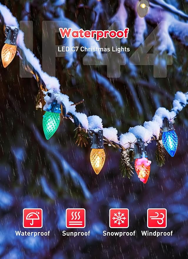 Multicolor C7 LED Christmas Lights Outdoor 100FT Colorful Christmas String Lights with 100+4 Plastic Bulbs Traditional Hanging Holiday Lights for Christmas Tree Patio Fence Roofline Xmas Decorations