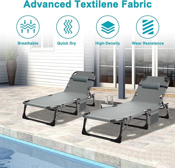 ABORON Heavy Duty Tanning Chair 5-Gear Outdoor Folding Chaise Lounge Chair with CushionPortable Beach Lounge Chair for Outdoor Sunbathing Patio Pool Lawn Deck Poolside