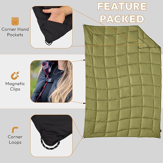 Versatile Packable Outdoor Camping Blanket Puffy Blanket Primaloft® Insulation Warm Durable Lightweight Waterproof Oversize Beach Stadium and More! 55x80 (Olive Branch)