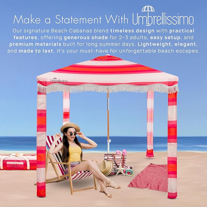 Premium Beach Cabana - Umbrellissimo Pink Ombre. Includes sand anchor canvas with designer prints &amp fringe finishes sand pockets pegs matching carry bag. Easy set up 6.6'x6.6' of cool UPF50+ s