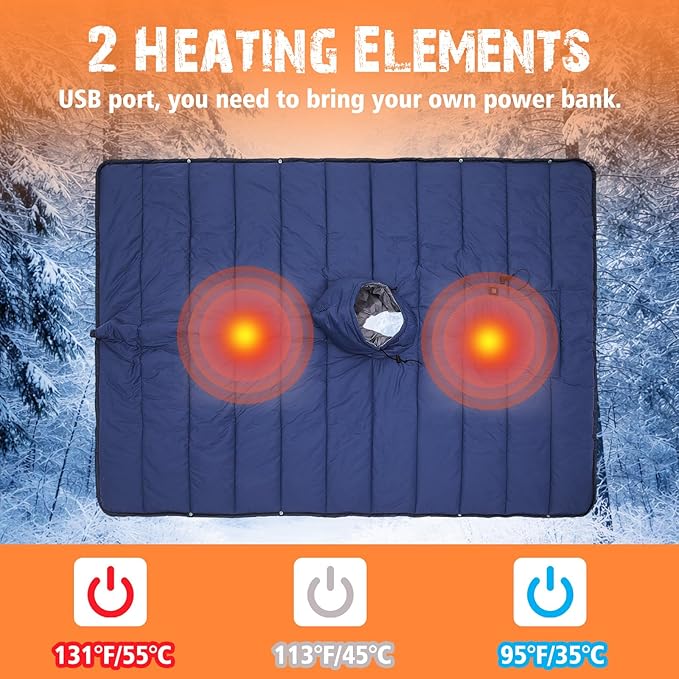 Preboun Heated Blanket Battery Operated 3-temp Thermal Poncho Sleeping Bag Winter Wearable Hooded Water Resistant Cloak Cape with Portable Sack for Men Women Outdoor Sport Backpacking Hiking Hunting