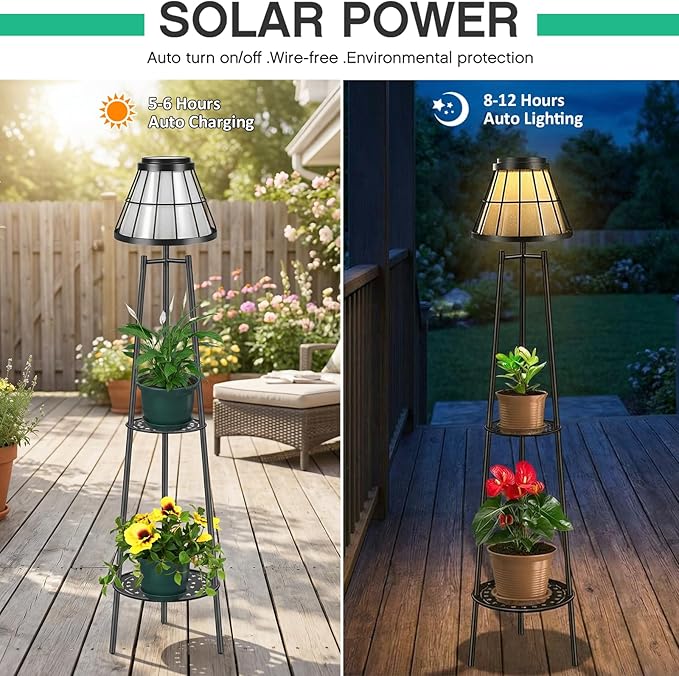2 Pack Solar Floor Lamps Outdoor with 2-Tier Plant Stand Metal Tall Planter Holder with Waterproof LED Lantern Decorative Patio Light &amp Flower Pot Display Rack for Garden Deck Porch Balcony