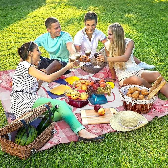 Waterproof Sandproof Beach Blanket 59''×68'' Love Butterfly Polyester Outdoor Picnic Blanket with 4 Stakes &amp Storage Bag for BeachCampingVacation Banana Red