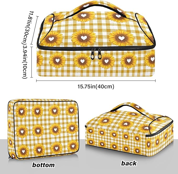 Casserole Carrier Cute Sunflower and Heart PrintInsulated Casserole Carrier for Hot or Cold Food Thermal Lunch Tote for Potluck Parties Picnic Beach Fits 9 x 13 Inches Baking Dish