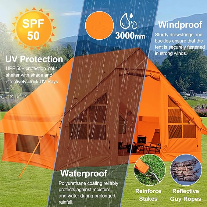 Inflatable Camping Tent2/4/6/8 Person Glamping Inflatable Tents with Awning Quick Setup Blow Up Tents with Pump Waterproof Oxford Inflatable House for Camping Air Glamping Hot Tents for Adult
