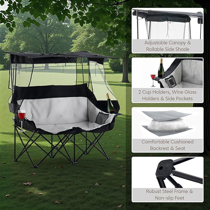 TUKAILAi Double Camping Chair with Canopy Shade Oversized Folding 2 Person Loveseat with Cup Holders and Side Pockets Portable Outdoor Couch for Beach Lawn Picnic Fishing (Black + Grey)