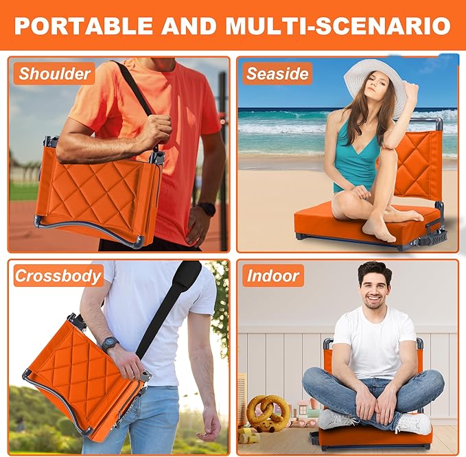 Stadium Seats with Back Support Cushion Folding Stadium Seats for Bleachers Hold up 400lbs Wide Bleacher Seat with Shoulder Strap &amp Handle Comfort for Sports Events (Orange 2pcs)