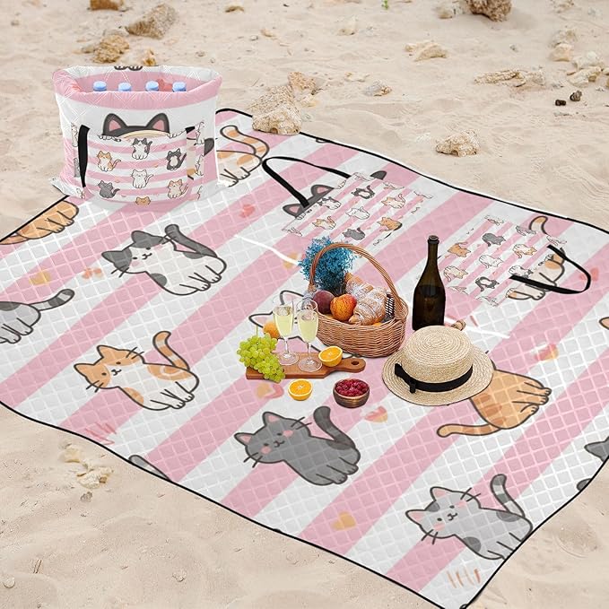 KLL Pink White Stripes Cartoon Cat Waterproof Picnic Essentials Packable Hiking Camp Rug for Ground Spring Gifts manta para picnic campo