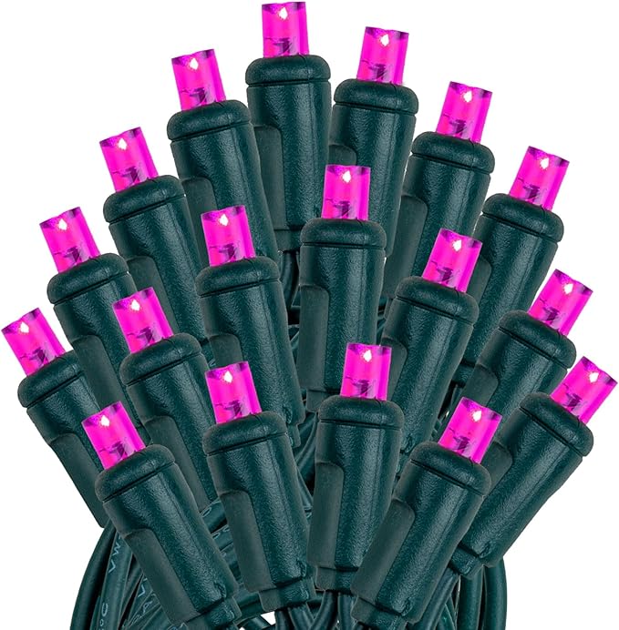 Novelty Lights 25ft 50 LED Pink Christmas Lights Outdoor/Indoor 6 Spacing Green Wire String Lights for Festive Xmas Lighting IP55 UL Listed Dimmable Connectable