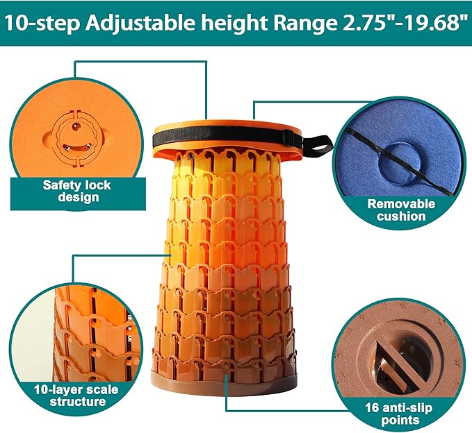 ALEVMOOM Upgraded XXL 50 Portable Collapsible Stool with CushionTelescoping Folding Stool for AdultsYet More Sturdy Camping Stool with Load Capacity 1000lbsfor Outdoor Garden Hiking BBQ