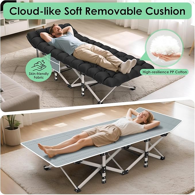 Suteck Camping Cot Folding Camping Cot Bed for Adults Sleeping 1200D Double Layer Oxford Portable Folding Outdoor Cots for Camping W/Soft Pad Carry Bag for Home Office Nap Beach Travel