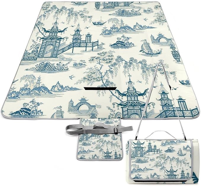 Blue and White Chinese Folk Chinoiserie Style Waterproof Outdoor Picnic Blanket Sandproof Beach Mat for Camping Hiking Grass Travelling