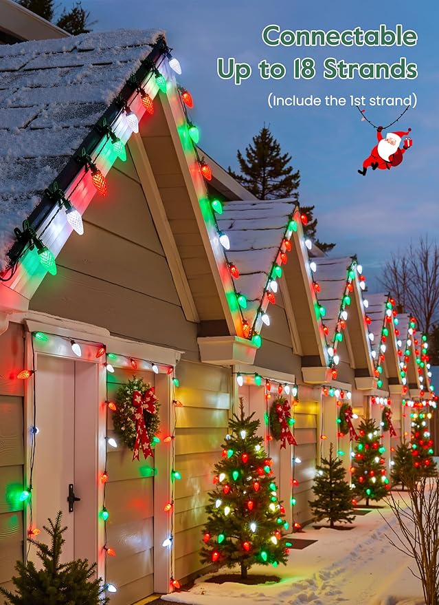 C9 LED Christmas Lights Outdoor 99 Feet 150 LED C9 String Light with 150 Spring Clips Waterproof Connectable Christmas Tree Lights for Outside Roofline Patio Home Xmas Decor Red Green Pure White