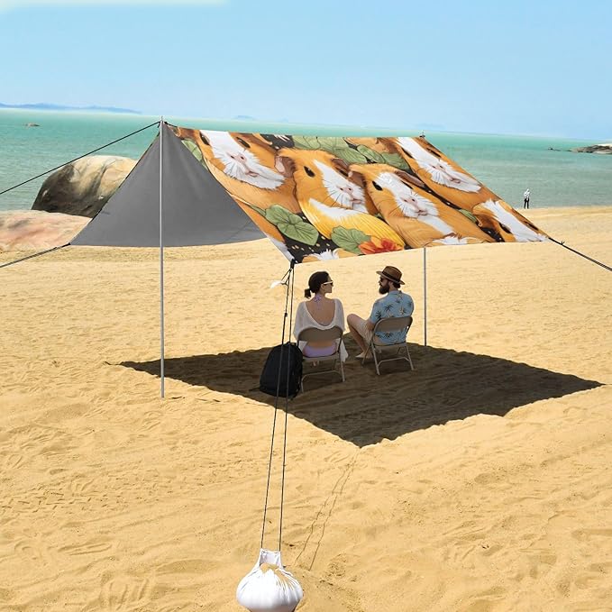 Cute Guinea Pig Beach Tent Sun Shelter 9.2' x 10.5' Beach Canopy with 4 Sandbags 4 Stability Poles Sand Shovels - Tent Canopy for Beach Camping Fishing Picnics