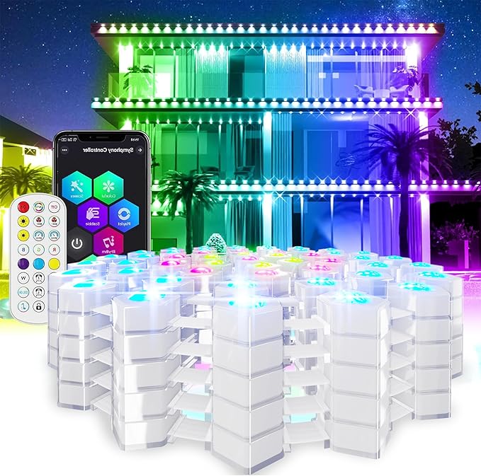 ASLONG Permanent Outdoor Lights with App &amp Remote 100ft Smart Eaves Lights with RGBW LEDs Endless Light Colors Daily and Accent Lighting IP67 Waterproof for Halloween Christmas Holiday Part