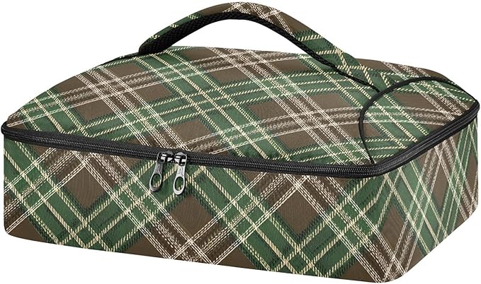 Casserole Carrier Green and Brown Tartan Pattern Print Insulated Casserole Carrier for Hot or Cold Food Thermal Lunch Tote for Parties Picnic Travel Carry Bag