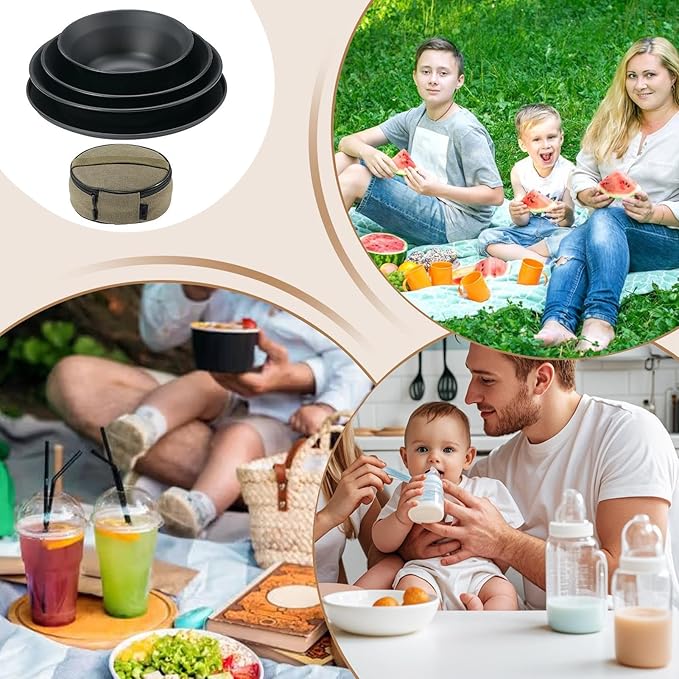 Camping Plates - Reusable Stainless Steel Dishes Heat Resistant Outdoor Flatware Set With Carry Bag Compact Lightweight | Durable Tableware For Picnic Backpacking Hiking And Trips
