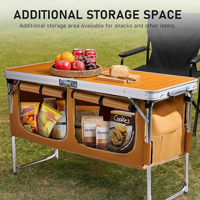 VINGLI 4 Ft Folding Table Aluminum Camping Table Picnic Table with Storage Adjustable Height for Outdoor Beach BBQ Backyards Travel Party (Brown)