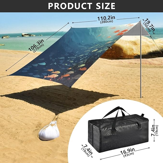 Sea FishCamping Sun Shelters 9.2 x 10.5 FT Beach Canopy Tent Sun Shade with Carrying Bag for Camping Trips Fishing Backyard Fun or Picnics 21340041