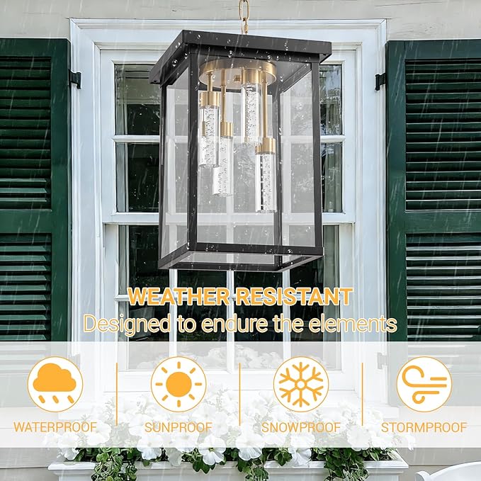 LOUSACE Modern LED Outdoor Pendant Light Black &amp Brass 4 Lights Large Exterior Hanging Light Fixtures 5CCT Dimmable LED Outdoor Chandelier Pendant Lantern with Clear Glass for Front Porch Entranc