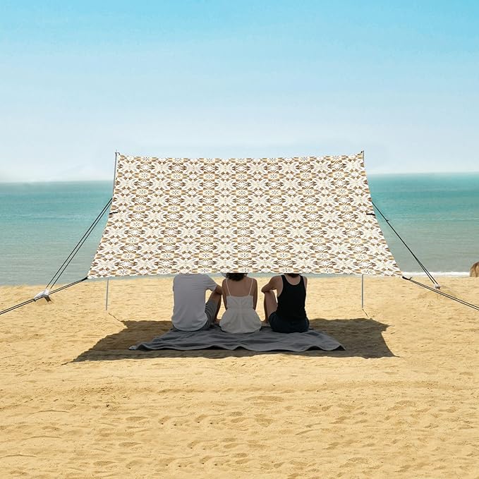 ALAZA Gold Geometric Flower Floral Beach Tent Sun Shelter UPF50+ Protection Beach Shade Canopy w/ 4 Sandbags for Outdoor Camping Fishing Backyard Fun Picnic 10x9 ft