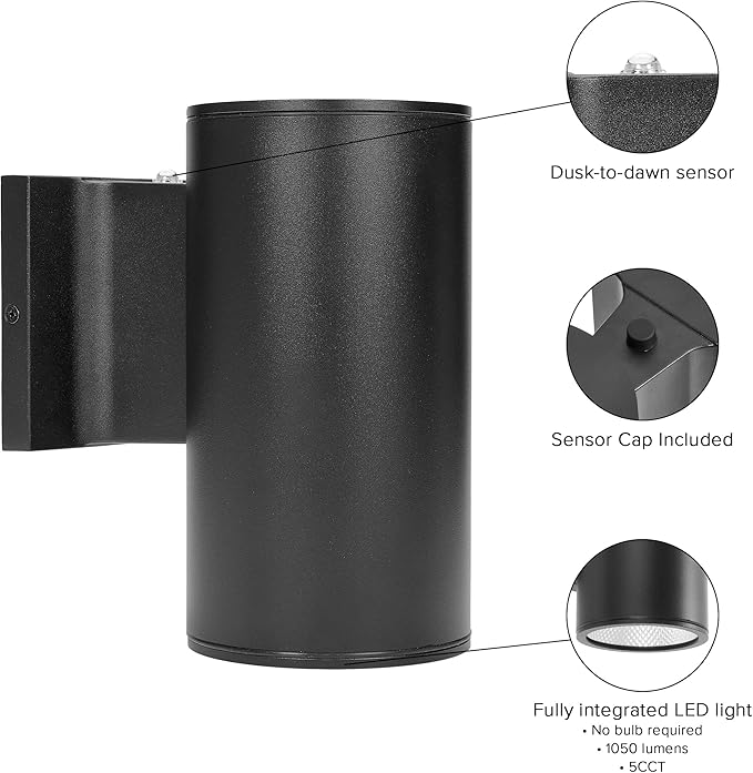 Maxxima Cylinder LED Outdoor Wall Light Modern Wall Wash 12 Watt 1050 Lumens 5 CCT 2700K/3000K/3500K/4000K/5000K Dusk to Dawn Photocell Sensor Exterior Garage Patio or Porch Lighting Black