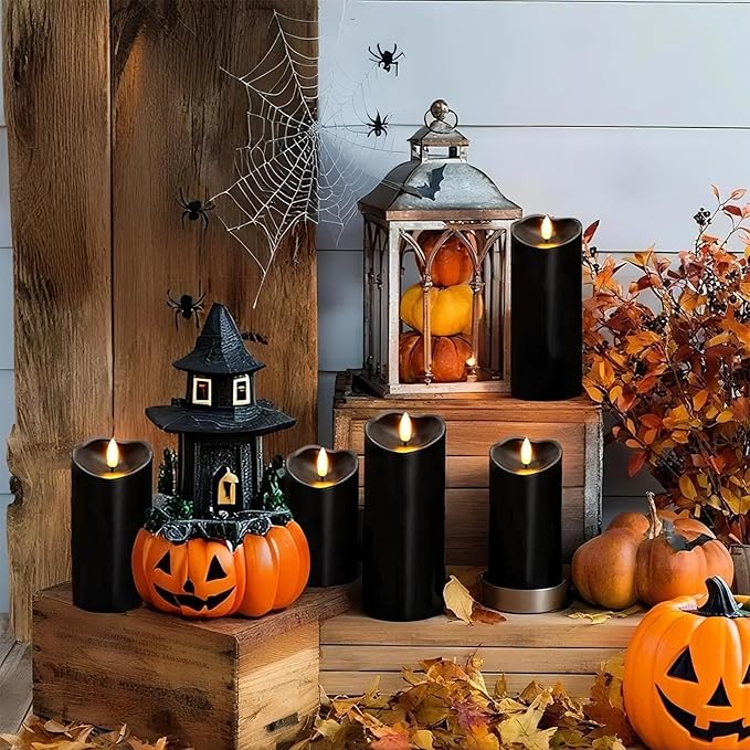 Amagic Black Halloween Flameless Candles with Remote Waterproof Outdoor Candles Battery Operated with Timer Plastic Flickering LED Pillar Candle for Holiday Theme Party Pumpkin Decor Set of 5