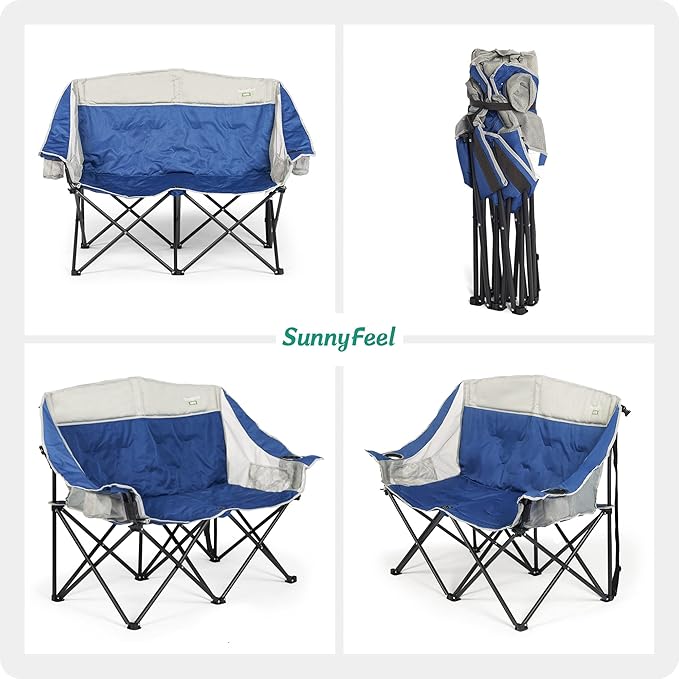 SUNNYFEEL Folding Double Camping Chair Outdoor Portable Loveseat Chair Heavy Duty Foldable Lawn Chairs with Storage for Beach/Tailgate/Travel/Picnic Fold Up Duo Camp Chairs for Adults 2 People