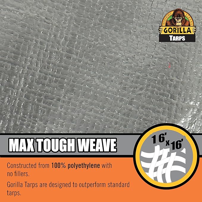 Gorilla 97050E Max Tough Tarp 6' x 8' - Heavy-Duty 14 MIL &amp 16X16 Weave - UV Treated Reinforced Hems Brass Grommets Durable and Weather-Resistant D-Ring Corners - 97050