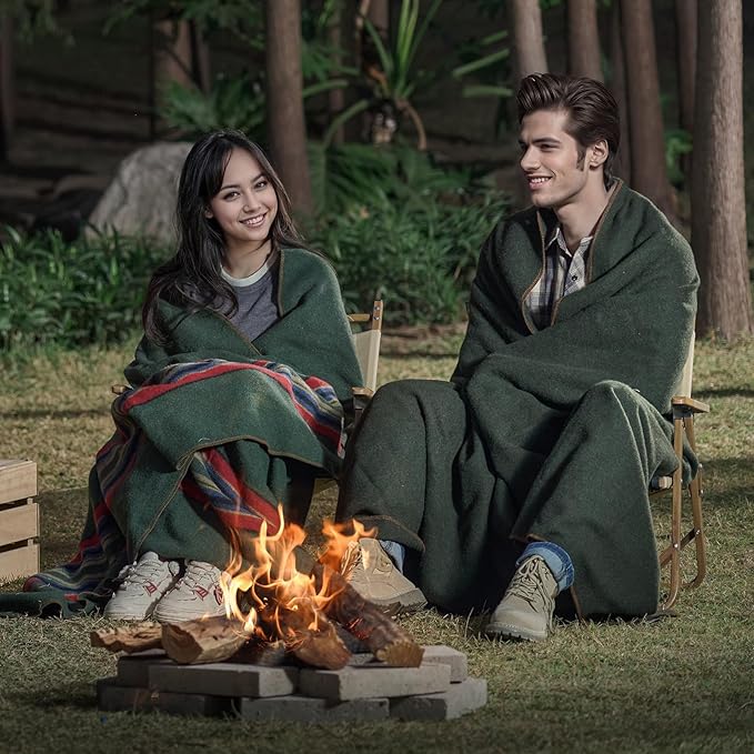 VEVOR Wool Camping Blanket Large Warm Stadium Blanket Flame Retardant Great for Outdoors Picnics Hiking Sports Events Travel Car &amp Bushcraft Survival Kits 64 x 88 Army Green Wool Blank