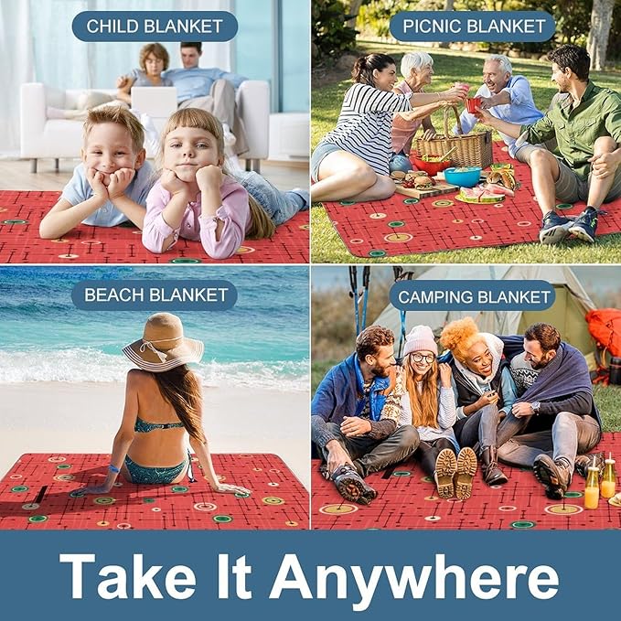 Colorful Retro Mid Century Modern Atomic Pattern Waterproof Outdoor Picnic Blanket Sandproof Beach Mat for Camping Hiking Grass Travelling