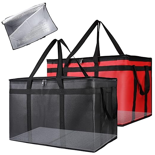 Bodaon Catering Bag with Removable Hard Bottom XXX-Large Insulated Food/Pizza Delivery Bag for Delivery Drivers Cooler/Hot Bags Insulated Grocery Food Warmer Container Supplies (2Pk Black + Red)