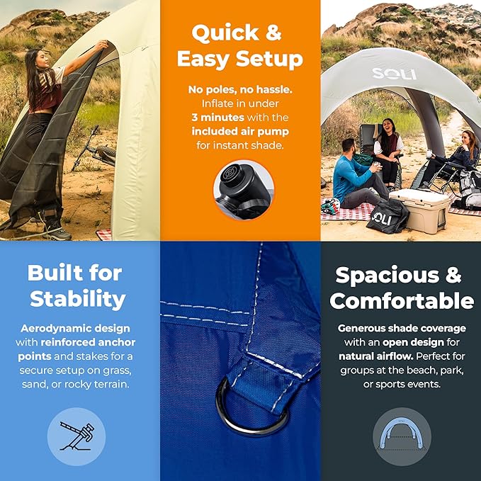 SOLI Inflatable Shade Air Canopy - Quick Self-Inflating Sun Shelter with Air Pump UPF 50+ Sun Protection Travel-Friendly Stable Anchors for Beach Camping &amp Backyard Use (Heat Wave Orange) - 10