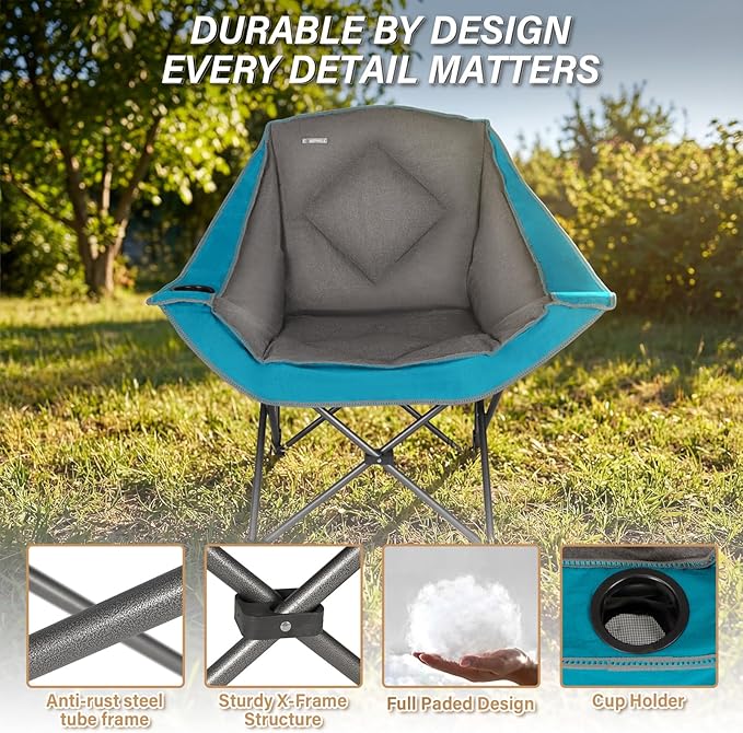 CAMPHILL Folding Camping ChairOversized Portable Camping Chair with Cup HolderHeavy Duty Padded Lawn Chair for CampingTailgatesBeachand SportsLake Blue