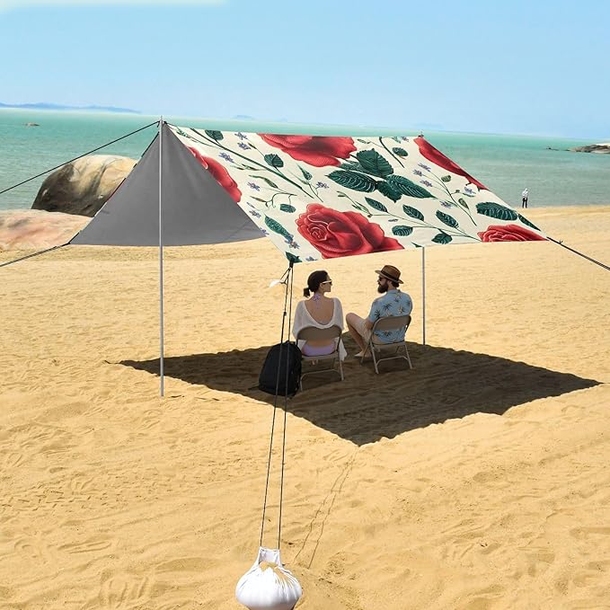 Bolaz Beach Canopy Tent Sun Shade9'×10.5' Large Family Beach Shade UPF50+- Outdoor Shade for Camping Trips FishingRed Rose Pattern
