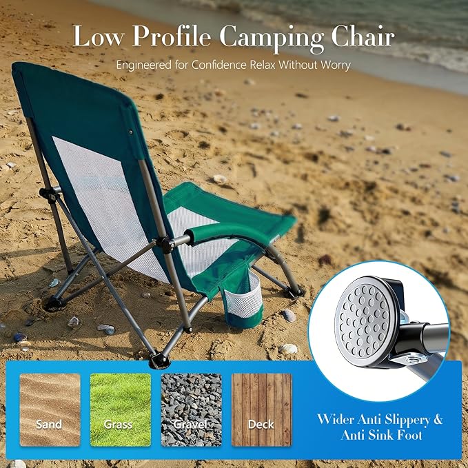 DUMOS Low Beach Chair for Adults Lightweight Folding Beach Chair with Cup Holder Storage Bag Breeze Mesh Back Padded Armrests Compact Low Profile Chair for Camp Picnic Lawn Sand