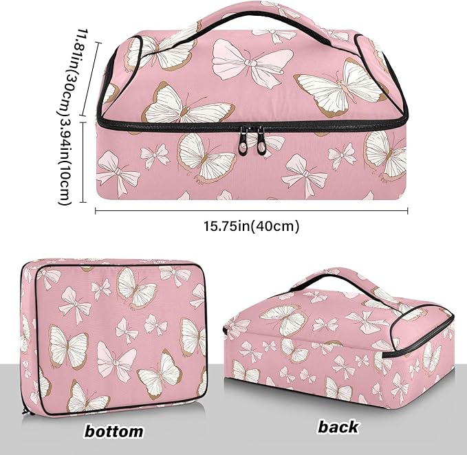 Casserole Carrier Elegance Pattern Butterflies BowsInsulated Casserole Carrier for Hot or Cold Food Thermal Lunch Tote for Potluck Parties Picnic Beach Fits 9 x 13 Inches Baking Dish