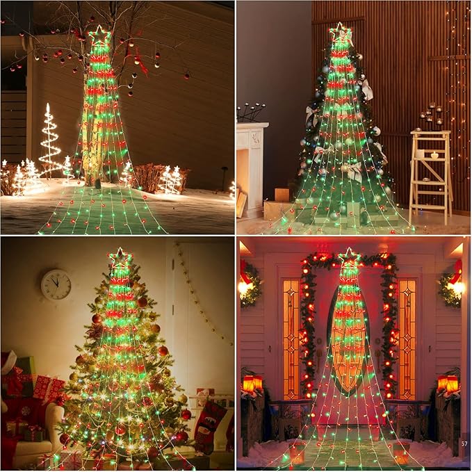 Outdoor Christmas Lights Christmas Decoration Lights 320 LED Christmas Tree Toppers String Lights[8 Modes &amp Waterproof] for Halloween Xmas New Year Holiday(Iron Star-Red &amp Green)