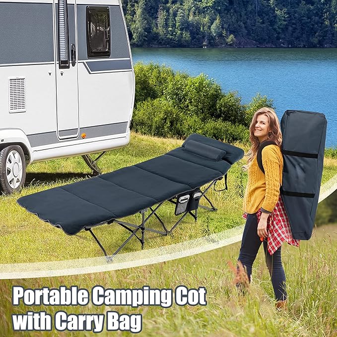 Goplus Camping Cot Folding Camping Cot with Mattress Pillow Carry Bag Storage Pocket Camping Bed Military Cot for Home Office Nap Hiking Heavy-Duty Portable Sleeping Cot for Adults Kids (Blue)