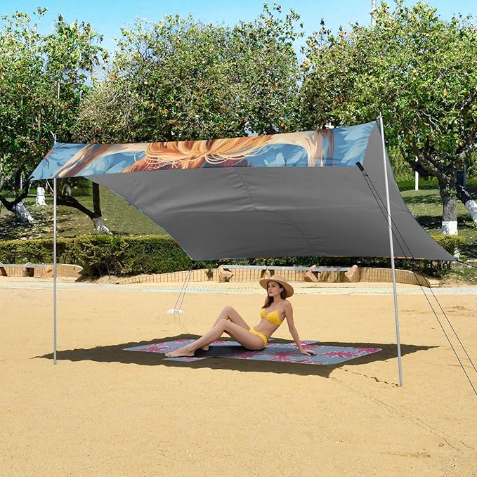 Highland Cow Beach Tent Sun Shelter 9.2' x 10.5' Beach Canopy with 4 Sandbags 4 Stability Poles Sand Shovels - Tent Canopy for Beach Camping Fishing Picnics