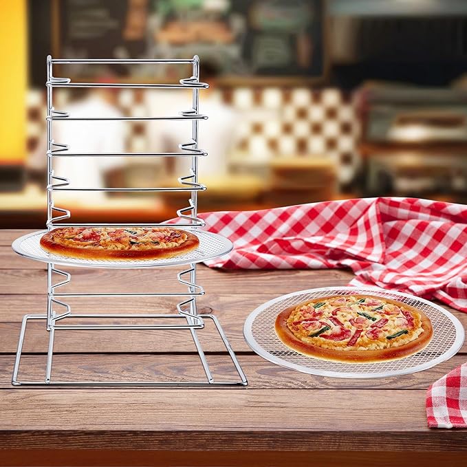 Zhehao Pizza Rack 8 Tiered Stand 16.7'' H x 12'' L x 12'' W and 8 Pcs Pans with Holes Aluminum Baking Set for Easy Storage and Baking Multiple Pizzas