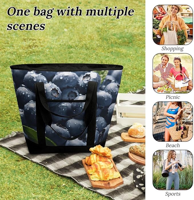 Insulated Shopping BagLarge Reusable Cooler Bags Delicious Blueberry Printed Foldable Shopping BagTravel Waterproof Shoulder Bag